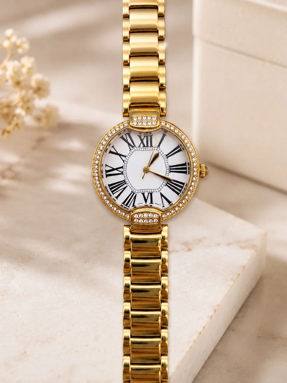 Bronzo Italia Women’s Gold Tone Crystal Watch Roman Numeral Dial with Box
